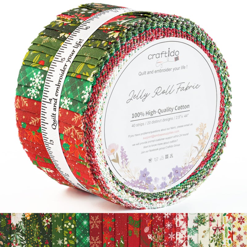 Craftido-18 Options-100% Cotton Jelly Roll Fabric Precut Strips for Quilting, Crafting, and Sewing, 40 Strips 2.5" x 44" Assorted Bundles for Rugs, Quilts, DIY Crafts and Home Decor-Winter Christmas - Image 1