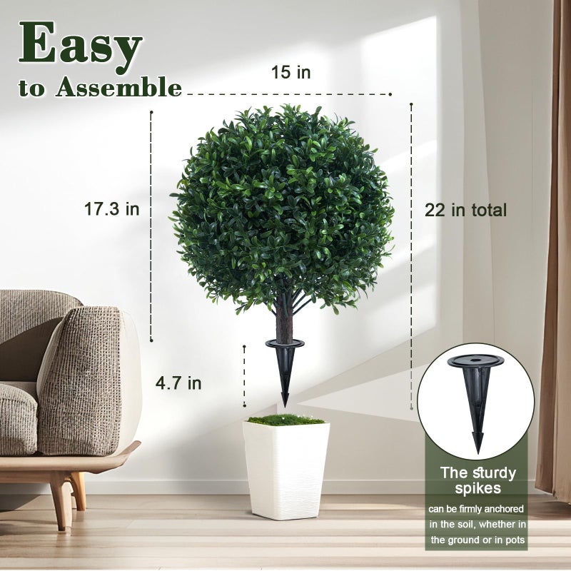 Chillchard Artificial Boxwood Topiary Ball Bush for Outdoor with Spike, UV Resistant Faux Boxwood Ball Tree with Stake for Outside Set of 2, Weatherproof Round Fake Shrubs for Entryway Front Porch - Image 2