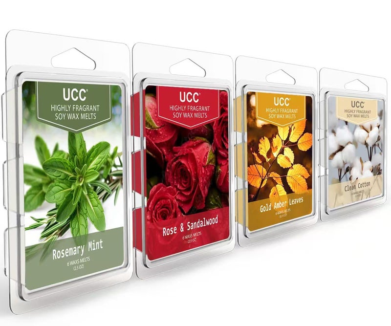 UCC Wax Melts, Soy Wax Cubes Strong Scent Long Lasting Premium Scented Mix Melts Tarts-Rosemary Mint, Rose & Sandalwood, Gold Amber Leaves, Clean Cotton - 4 Pack - Image 1