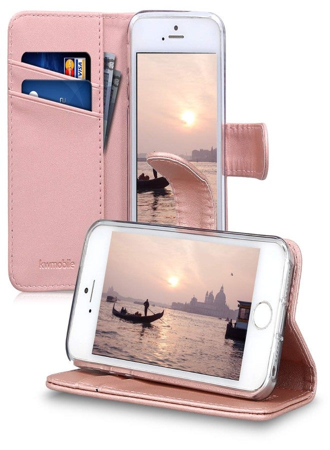 كي دابليو موبايل جراب kwmobile متوافق مع أجهزة Apple iPhone SE (الجيل الأول 2016) / iPhone 5 / iPhone 5S - جراب محفظة من الجلد الصناعي مع فتحات لحامل البطاقات - ذهبي وردي - Image 4
