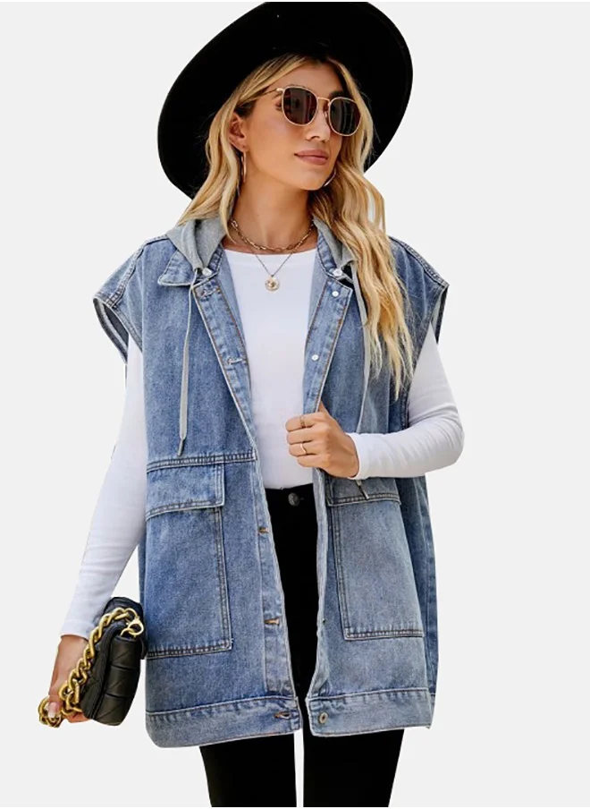 يونيكي Blue Hooded Sleeveless Denim Jacket