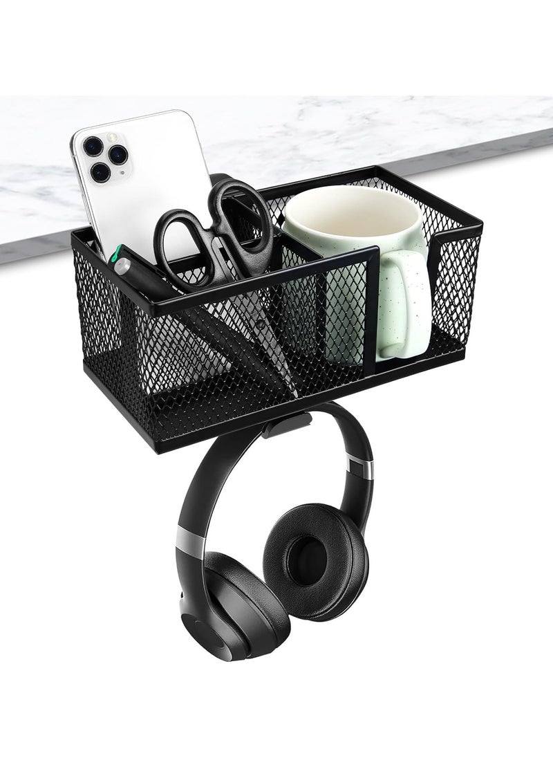 GUDOO - 4-in-1 Desk Organizer with Headphone Hanger and Cup Holder Under Desk Headphone Hook PC Gaming Table Rotating Headphone Hanger and Detachable Desk Storage for Cup Phone and Pen - Image 1