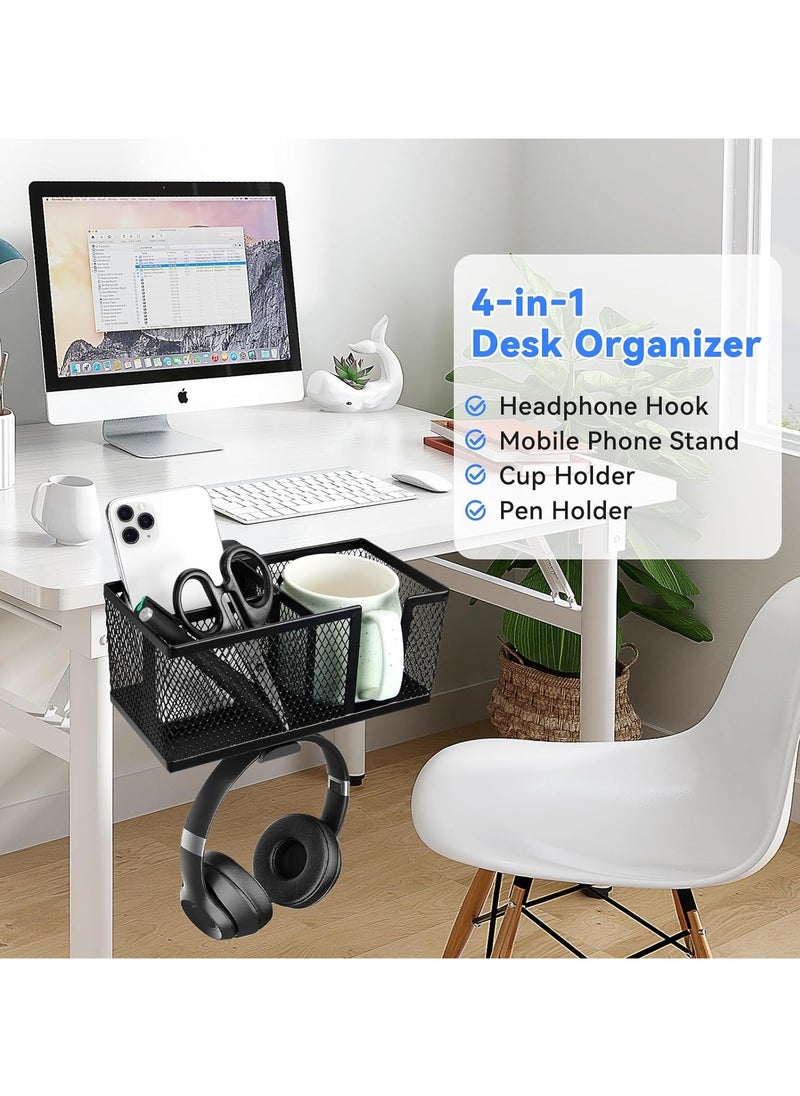 GUDOO - 4-in-1 Desk Organizer with Headphone Hanger and Cup Holder Under Desk Headphone Hook PC Gaming Table Rotating Headphone Hanger and Detachable Desk Storage for Cup Phone and Pen - Image 1