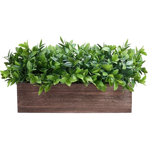 Winlyn 14" Artificial Boxwood Plants in Rectangular Wood Planter Farmhouse Greenery Arrangement Centerpiece Faux Potted Herb Plant for Wedding Dining Room Table Kitchen Windowsill Mantel Shelf Décor - Image 1