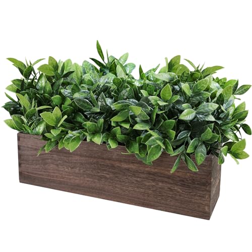 Winlyn 14" Artificial Boxwood Plants in Rectangular Wood Planter Farmhouse Greenery Arrangement Centerpiece Faux Potted Herb Plant for Wedding Dining Room Table Kitchen Windowsill Mantel Shelf Décor - Image 2