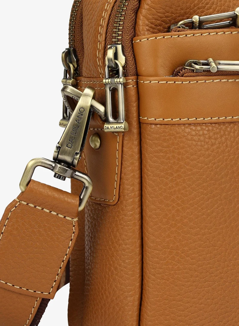 Da Milano Caramel Da Milano Men's Wax-Finish Leather Crossbody Handbag with Zip Closure - Caramel (SB-0081C) for Men | Best Price UAE