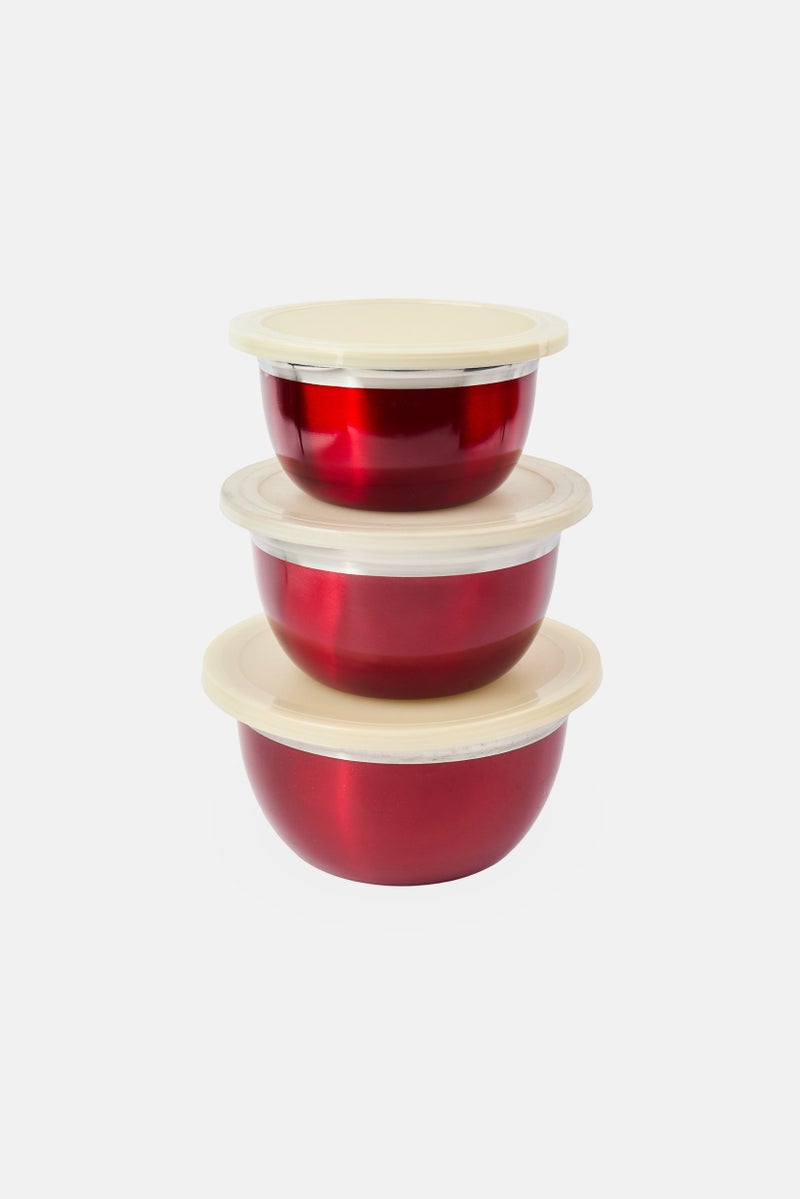 Bombay 3 Pcs Stainless Steel Bowls With Lid, Red - Image 1
