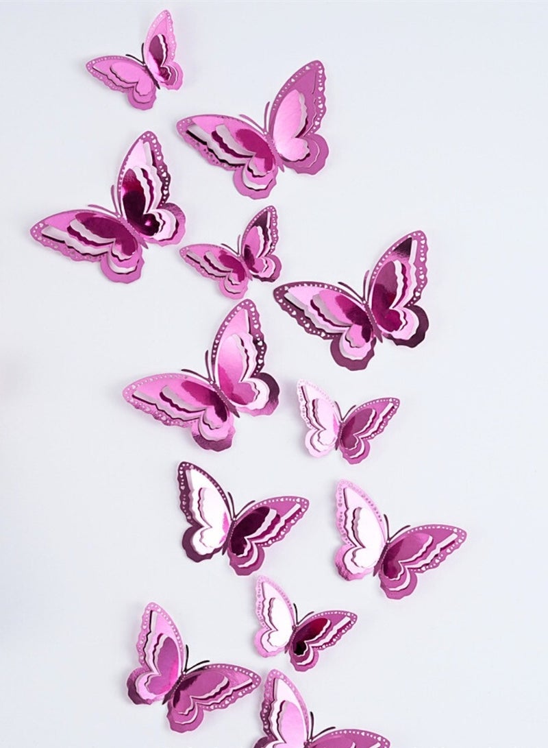 Lustrous 3D Deep Pink Butterfly Wall Decor – 12 Pcs, 3 Sizes, High-Gloss Metallic Shine, Layered 3D Effect – Chic & Radiant DIY Wall Decoration for Home, Bedroom & Special Events - Image 1