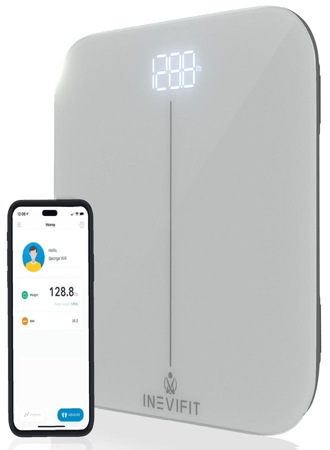 إنيفي فيت ميزان الحمام الذكي الممتاز من INEVIFIT، ميزان رقمي عالي الدقة يعمل بتقنية البلوتوث لقياس وزن الجسم، يقيس الوزن ومؤشر كتلة الجسم بدقة لعدد غير محدود من المستخدمين. - Image 1