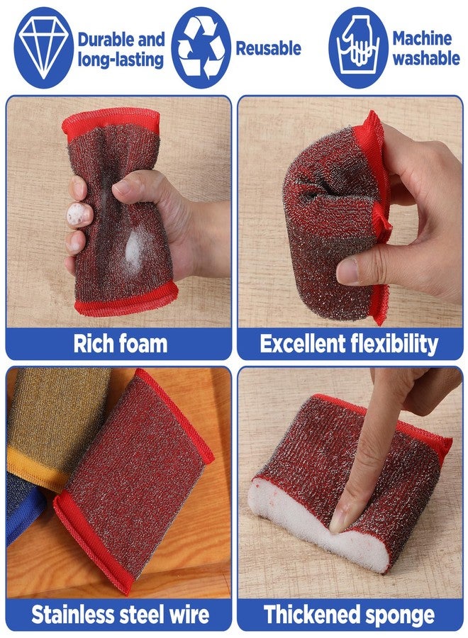 Qulkws Steel Wool Scrubber Dish Sponges, 6Pcs Reusable Dish Scrubber Sponge for Kitchen Washing Dishes, Pots and Pans, Household Cleaning, Gentle and Non Scratch (Red, Yellow, Blue) - Image 4