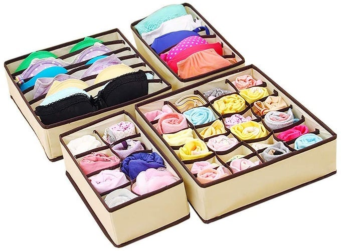 FOLDABLE STORAGE BOX FOR WARDROBE UNDERGARMENTS INNERWEAR CUPBOARD ORGANIZER CLOSET DRAWER DIVIDER BOX FOR SOCKS BRA AND PANTY TIE SCARFS SET OF 4 CREAM