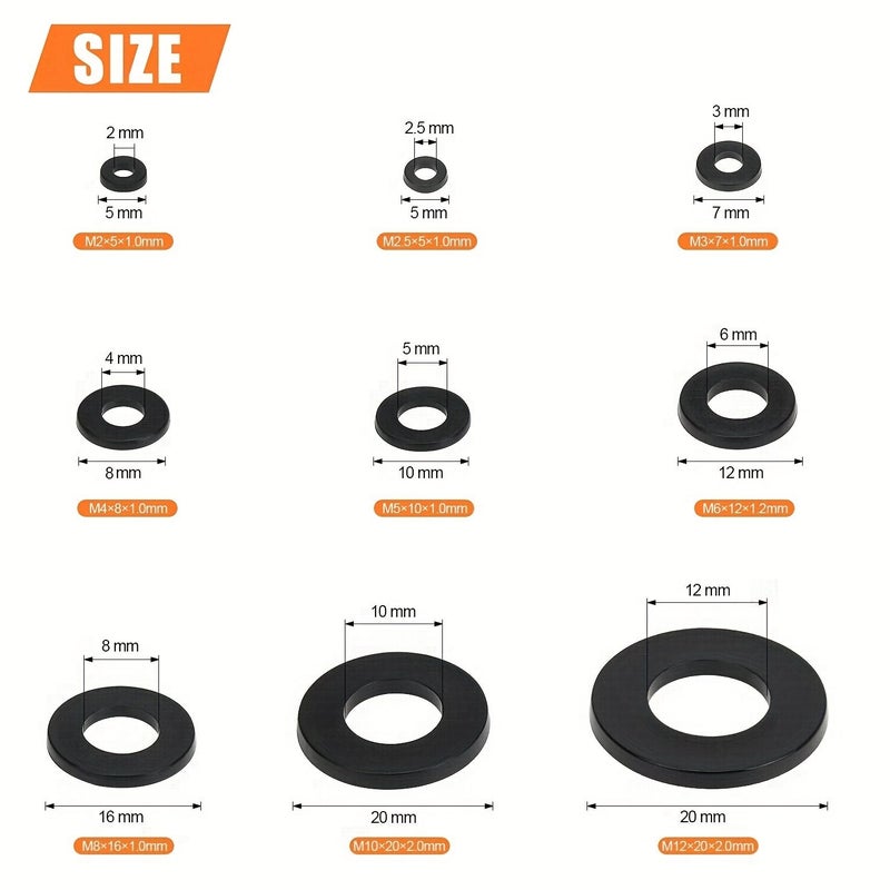 250pcs Nylon Flat Washer Assortment Kit M2 M10 Black Oxide Coated Spacers - Image 4
