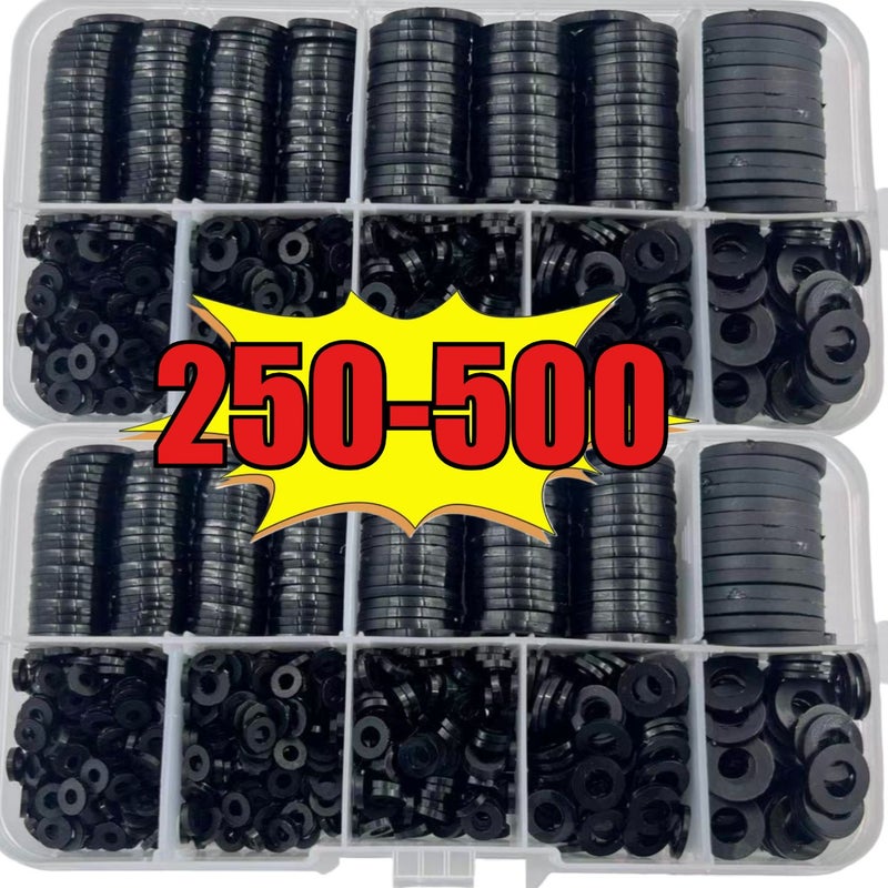 250pcs Nylon Flat Washer Assortment Kit M2 M10 Black Oxide Coated Spacers - Image 1