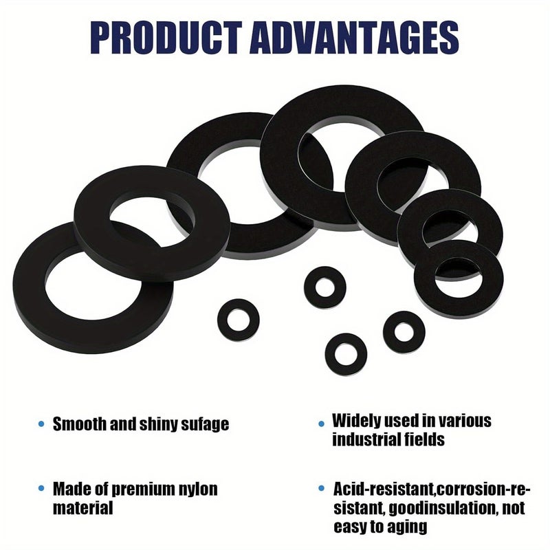 250pcs Nylon Flat Washer Assortment Kit M2 M10 Black Oxide Coated Spacers - Image 5