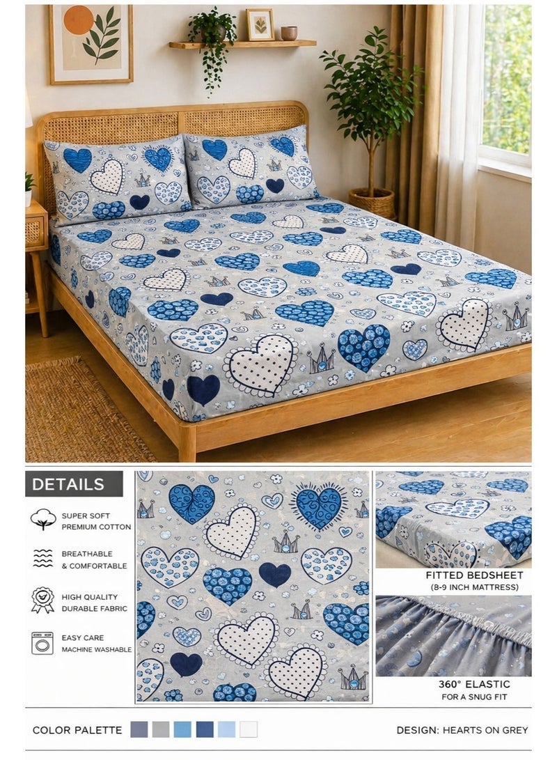 Eworld 3-Piece Fitted Bedsheet Set, Patchwork Heart Print, 100% Cotton, 125 GSM, 1 Fitted Sheet + 2 Pillowcases, Soft & Breathable Bedding Set - Image 2
