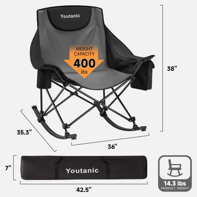 Youtanic Oversized Folding Rocking Camping Chair, Padded Portable Rocking Chair with Pockets, Cup Holder and Carry Bag, Heavy Duty Outdoor Rocker Patio Chair for Garden, Lawn, Yard, Up to 400lbs, Gray - Image 2