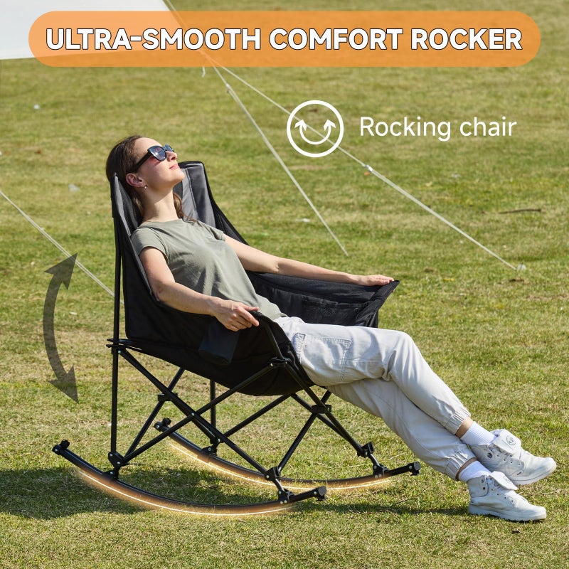 Youtanic Oversized Folding Rocking Camping Chair, Padded Portable Rocking Chair with Pockets, Cup Holder and Carry Bag, Heavy Duty Outdoor Rocker Patio Chair for Garden, Lawn, Yard, Up to 400lbs, Gray - Image 3