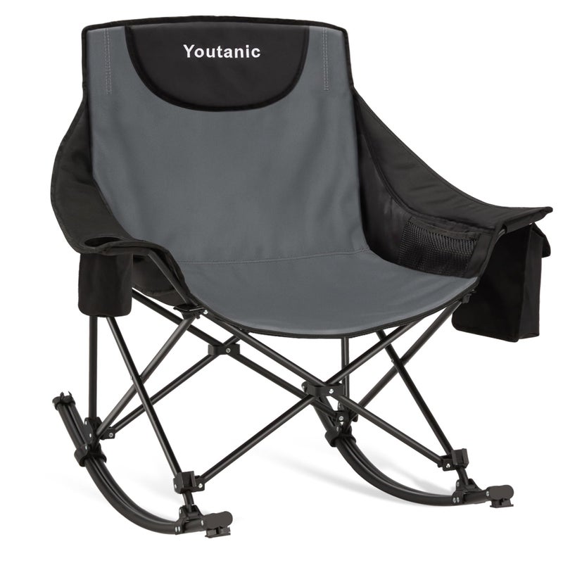 Youtanic Oversized Folding Rocking Camping Chair, Padded Portable Rocking Chair with Pockets, Cup Holder and Carry Bag, Heavy Duty Outdoor Rocker Patio Chair for Garden, Lawn, Yard, Up to 400lbs, Gray - Image 1