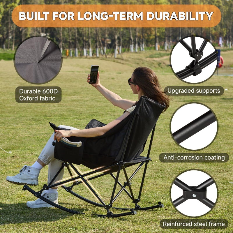 Youtanic Oversized Folding Rocking Camping Chair, Padded Portable Rocking Chair with Pockets, Cup Holder and Carry Bag, Heavy Duty Outdoor Rocker Patio Chair for Garden, Lawn, Yard, Up to 400lbs, Gray - Image 4