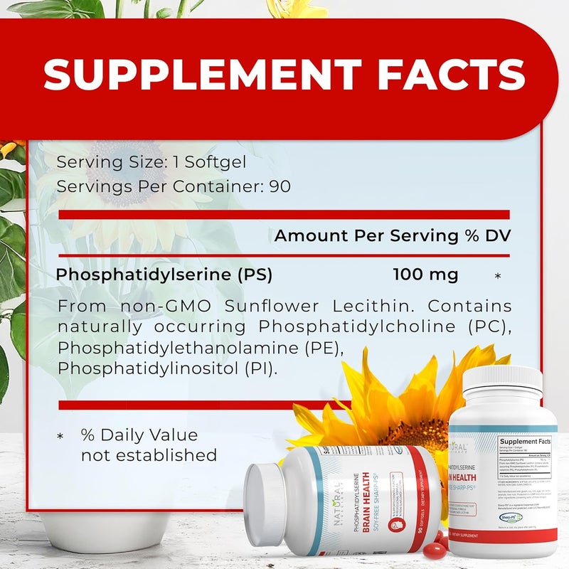 Natural BioScience Soy Free Phosphatidylserine 100mg  Phosphatidylserine Supplement from Sunflower Lecithin Patented Sharp PS100 Brain Health Memory Aid Cortisol Control Mental Sharpness Non GMO 90 Softgels - Image 5