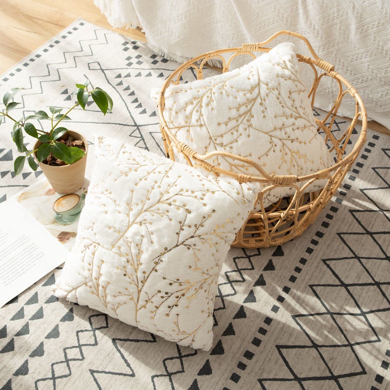 LIGICKY Set of 2 Fluffy White Faux Fur Pillow Covers with Gold Branches Glitter Printed Throw Pillows Decorative Soft Furry Sparkling Square Cushion Cases for Sofa Bedroom Party DÃ©cor, 18 x 18 inch - Image 3