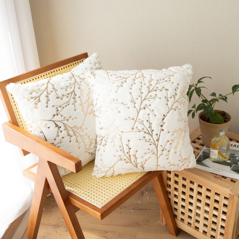 LIGICKY Set of 2 Fluffy White Faux Fur Pillow Covers with Gold Branches Glitter Printed Throw Pillows Decorative Soft Furry Sparkling Square Cushion Cases for Sofa Bedroom Party DÃ©cor, 18 x 18 inch - Image 2