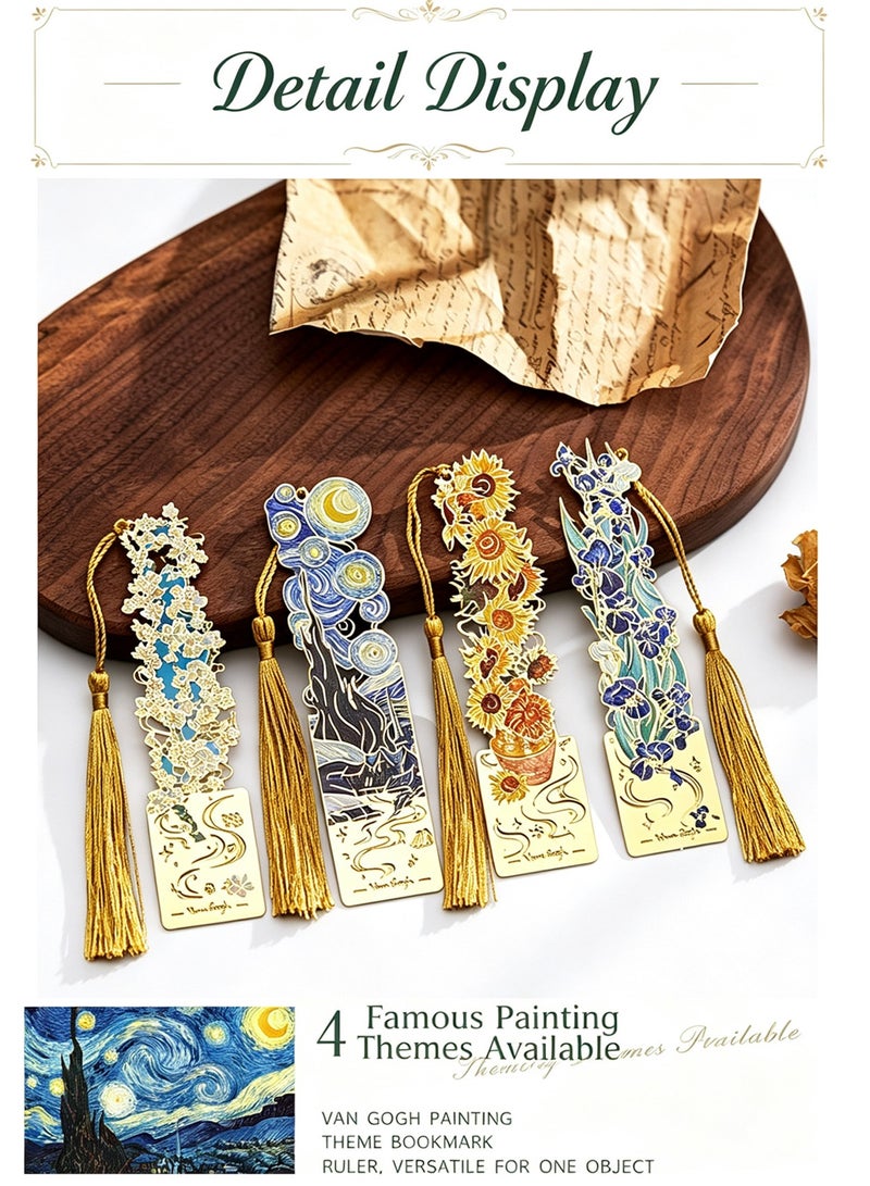 Van Gogh 4 Pieces Retro Metal Bookmarks with Tassel,Exquisite Gift Box Packaging, Van Gogh Oil Painting Theme, Durable Bookmarks for Book Lovers, Writers, Readers, Children, Adults - Image 3