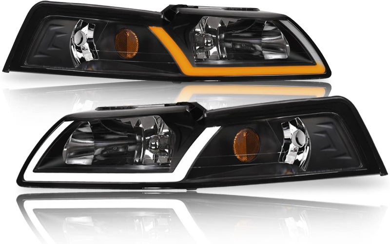 Alpha Owls 8719749 Crystal Headlights with Switchback Sequential LED Light Bar - Black Amber for 1999-2004 Ford Mustang - Image 1