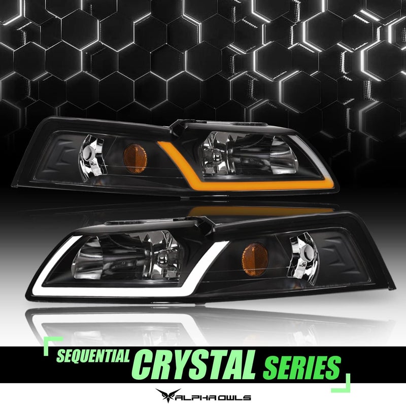 Alpha Owls 8719749 Crystal Headlights with Switchback Sequential LED Light Bar - Black Amber for 1999-2004 Ford Mustang - Image 2