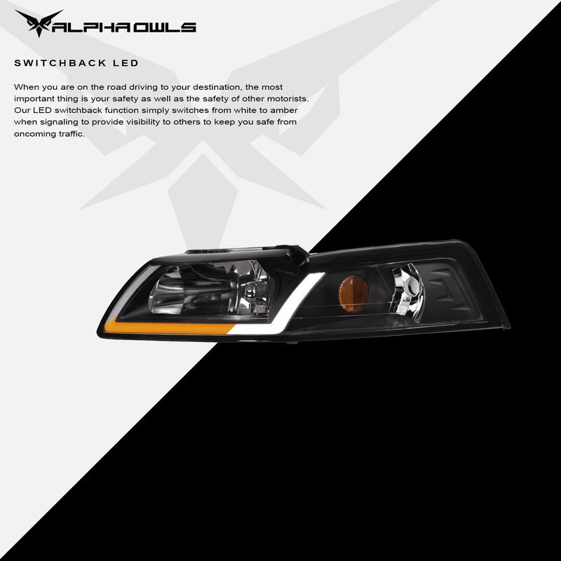 Alpha Owls 8719749 Crystal Headlights with Switchback Sequential LED Light Bar - Black Amber for 1999-2004 Ford Mustang - Image 4