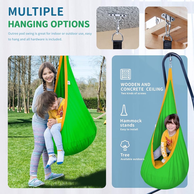 OUTREE Kids Pod Hanging Swing Seat Hammock,Cotton Child Swing Hammock Chair for Indoor and Outdoor use,Green and Yellow - Image 2