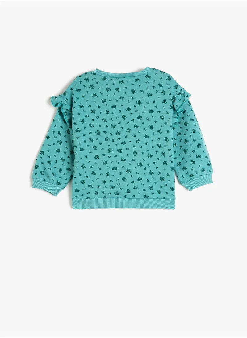 كوتون Sweat Ruffled Floral Printed Long Sleeve Crew Neck Cotton