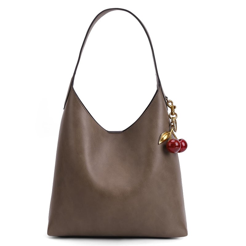 HICARRY Faux Suede Hobo Bags Vegan Leather Shoulder Bag Tote for Women with Cherry Charm Slouchy Designer Handbag Purse Fall Fashion - Image 1