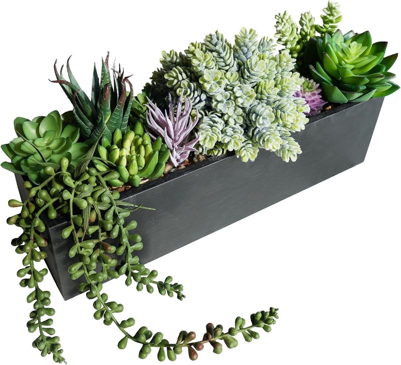 Winlyn 14" Artificial Succulent Plants Arrangement Assorted Faux Succulents in Rustic Black Rectangular Wooden Planter Box Faux Potted Plant Decor for Farmhouse Home Windowsill Shelf Table Centerpiece - Image 1