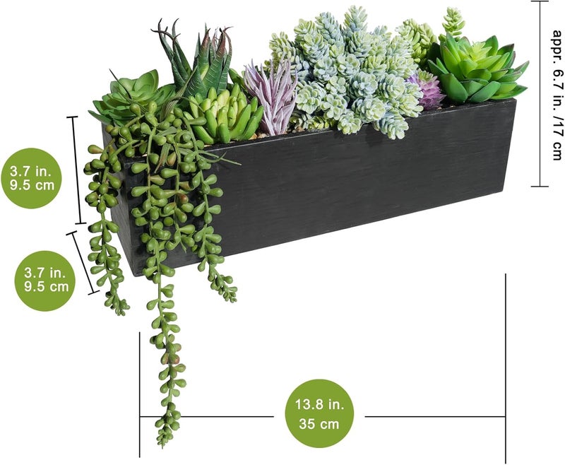 Winlyn 14" Artificial Succulent Plants Arrangement Assorted Faux Succulents in Rustic Black Rectangular Wooden Planter Box Faux Potted Plant Decor for Farmhouse Home Windowsill Shelf Table Centerpiece - Image 2