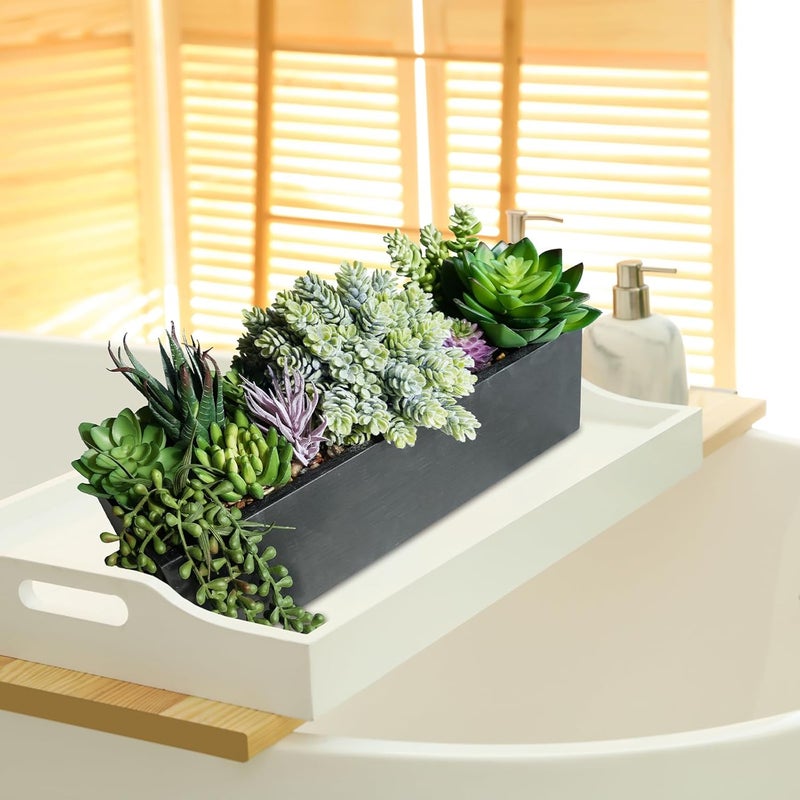 Winlyn 14" Artificial Succulent Plants Arrangement Assorted Faux Succulents in Rustic Black Rectangular Wooden Planter Box Faux Potted Plant Decor for Farmhouse Home Windowsill Shelf Table Centerpiece - Image 4