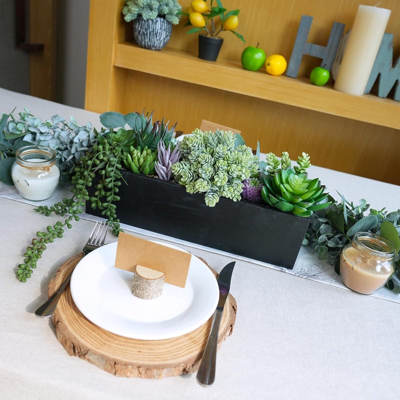 Winlyn 14" Artificial Succulent Plants Arrangement Assorted Faux Succulents in Rustic Black Rectangular Wooden Planter Box Faux Potted Plant Decor for Farmhouse Home Windowsill Shelf Table Centerpiece - Image 5