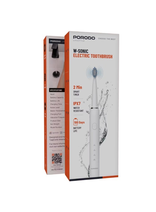 بورودو فرشاة أسنان كهربائية بورودو دبليو-سونيك مع تنظيف صوتي احترافي، مؤقت ذكي لمدة دقيقتين، سعة بطارية 500 مللي أمبير، مقاومة للماء بمعيار IPX7، وقت شحن 3 ساعات، منفذ شحن من النوع C، عمر بطارية يصل إلى 100 يوم، مؤقت ذكي رباعي الأجزاء - أبيض - Image 1