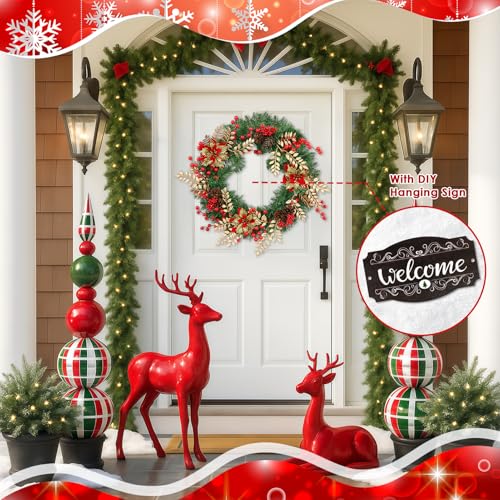 Culudea Christmas Wreaths for Front Door Outside Decor, 22" Berries Poinsettia Golden Leaves Pinecone Winter Artificial Wreath Decorations with Hanging Sign for Xmas Home Door Wall Window Fireplace Porch - Image 3