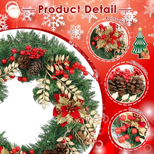 Culudea Christmas Wreaths for Front Door Outside Decor, 22" Berries Poinsettia Golden Leaves Pinecone Winter Artificial Wreath Decorations with Hanging Sign for Xmas Home Door Wall Window Fireplace Porch - Image 4