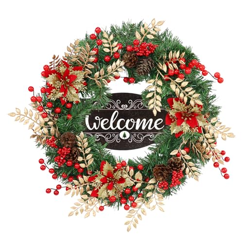 Culudea Christmas Wreaths for Front Door Outside Decor, 22" Berries Poinsettia Golden Leaves Pinecone Winter Artificial Wreath Decorations with Hanging Sign for Xmas Home Door Wall Window Fireplace Porch - Image 1