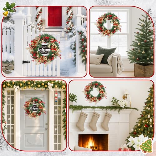 Culudea Christmas Wreaths for Front Door Outside Decor, 22" Berries Poinsettia Golden Leaves Pinecone Winter Artificial Wreath Decorations with Hanging Sign for Xmas Home Door Wall Window Fireplace Porch - Image 5