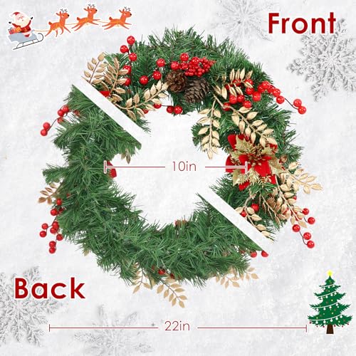 Culudea Christmas Wreaths for Front Door Outside Decor, 22" Berries Poinsettia Golden Leaves Pinecone Winter Artificial Wreath Decorations with Hanging Sign for Xmas Home Door Wall Window Fireplace Porch - Image 2