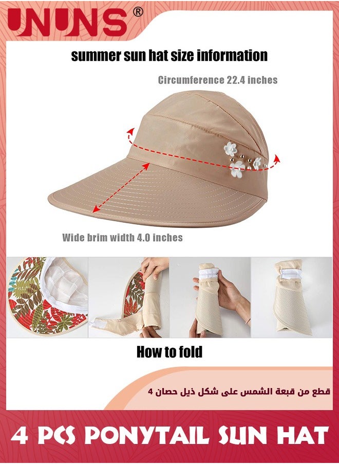 UNUNS - Women's Sun Hats,4 Pack Wide Brim Summer Beach Hat,Foldable Visor Floppy Adjustable Ponytail Hats,UV Protection Sun Hat,Fashion Beach Hat For Girls Hiking Camping Fishing Safari,4 Colors - Image 1