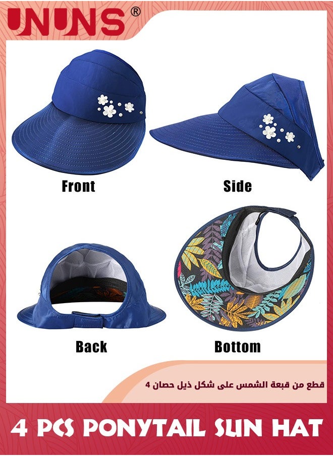UNUNS - Women's Sun Hats,4 Pack Wide Brim Summer Beach Hat,Foldable Visor Floppy Adjustable Ponytail Hats,UV Protection Sun Hat,Fashion Beach Hat For Girls Hiking Camping Fishing Safari,4 Colors - Image 1