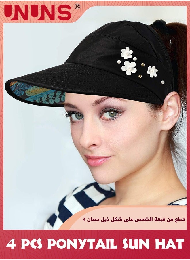 UNUNS - Women's Sun Hats,4 Pack Wide Brim Summer Beach Hat,Foldable Visor Floppy Adjustable Ponytail Hats,UV Protection Sun Hat,Fashion Beach Hat For Girls Hiking Camping Fishing Safari,4 Colors - Image 1