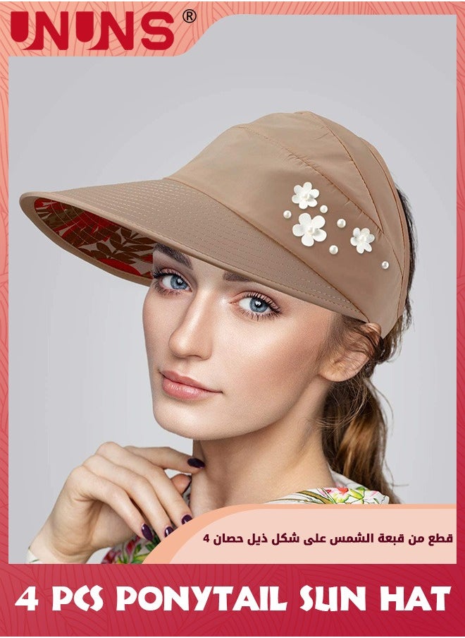 UNUNS - Women's Sun Hats,4 Pack Wide Brim Summer Beach Hat,Foldable Visor Floppy Adjustable Ponytail Hats,UV Protection Sun Hat,Fashion Beach Hat For Girls Hiking Camping Fishing Safari,4 Colors - Image 1