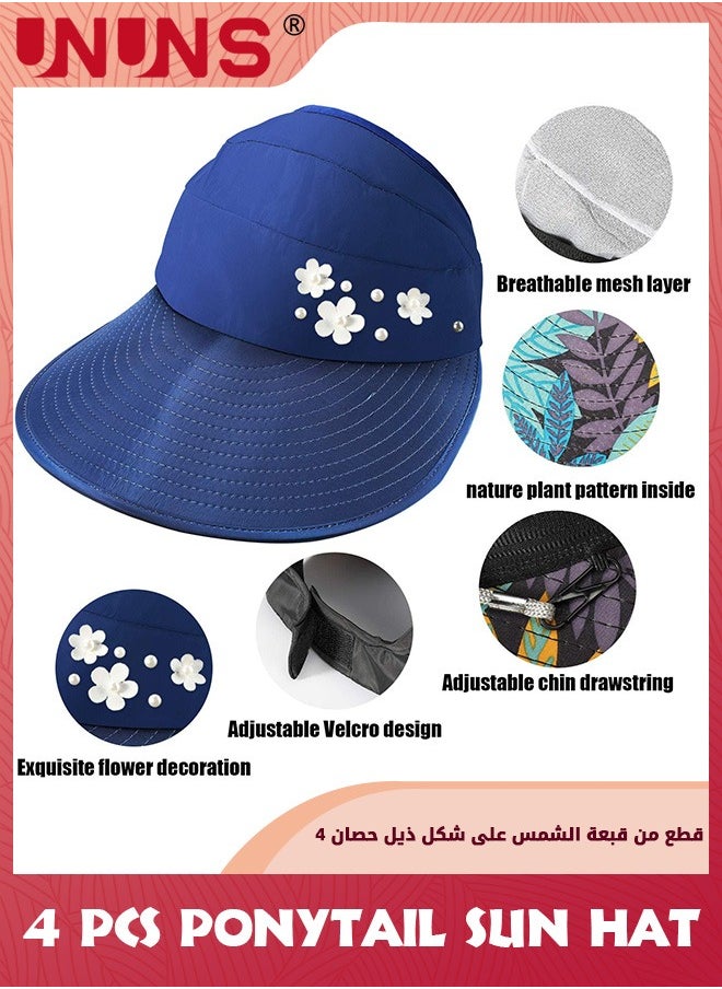UNUNS - Women's Sun Hats,4 Pack Wide Brim Summer Beach Hat,Foldable Visor Floppy Adjustable Ponytail Hats,UV Protection Sun Hat,Fashion Beach Hat For Girls Hiking Camping Fishing Safari,4 Colors - Image 1