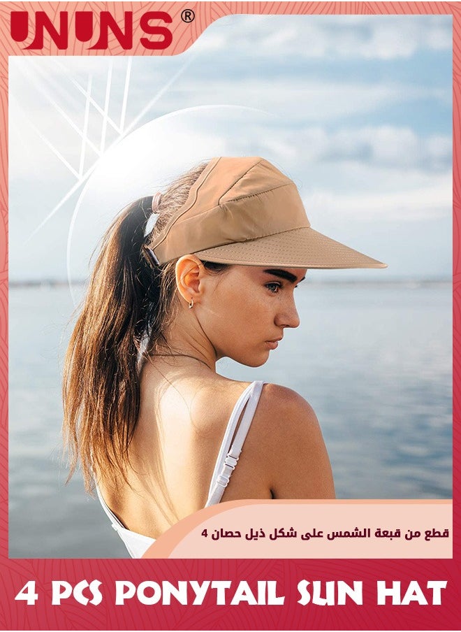 UNUNS - Women's Sun Hats,4 Pack Wide Brim Summer Beach Hat,Foldable Visor Floppy Adjustable Ponytail Hats,UV Protection Sun Hat,Fashion Beach Hat For Girls Hiking Camping Fishing Safari,4 Colors - Image 1