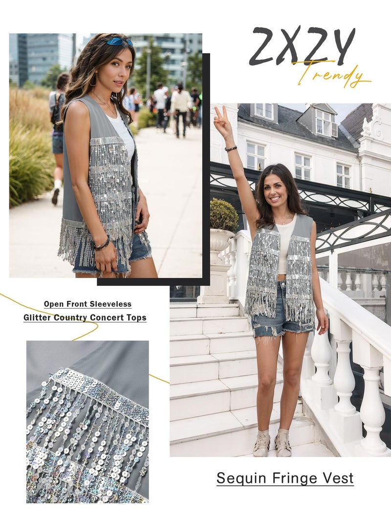 ZXZY Womens Sequin Fringe Sleeveless Vest Sparkly Lightweight Fitted Jacket Cardigan - Image 5